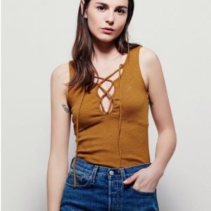Free People Emmy Lou Lace Up Tank Top Womens Size Small Mustard